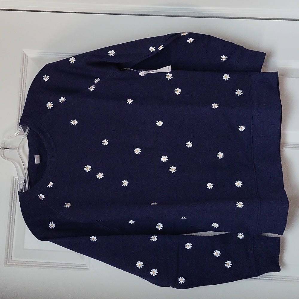 Cotton Blend Lightweight Fleece Blue Sweatshirt W Daisies SZ Small New W Tags